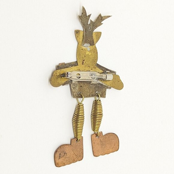 Vintage Brass & Copper Reindeer Pin Brooch With Dangling Legs 2.5" Tall - Picture 2 of 3